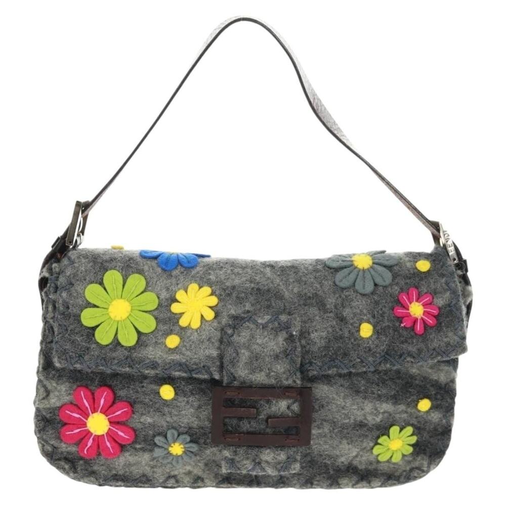 Fendi Wool Flower Pattern Mamma Baguette Shoulder Bag Gray